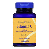 A blue bottle of Foster & Thrive Vitamin C Supplement with a yellow label reading "Antioxidant Protection & Immune Support, Gluten Free, 100 Tablets" from the brand Foster & Thrive.