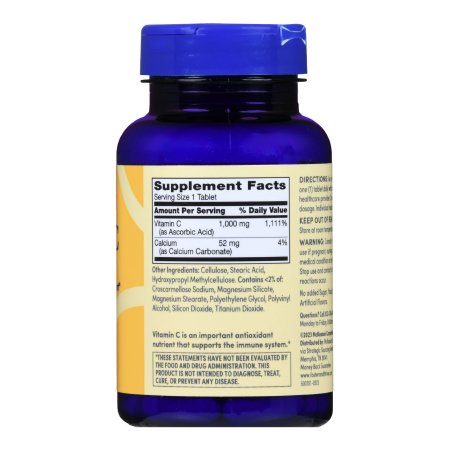 A blue bottle of Foster & Thrive Vitamin C Supplement with a white cap displays the Supplement Facts: Vitamin C (1000 mg) for immune support, antioxidant protection, Calcium (52 mg), and other inactive ingredients. Brand: Foster & Thrive.