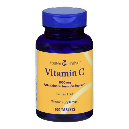 A blue bottle of Foster & Thrive Vitamin C Supplement, 1000 mg, offers antioxidant protection and immune support. It's gluten-free, contains 100 tablets, and features a yellow label with blue text and a blue cap.