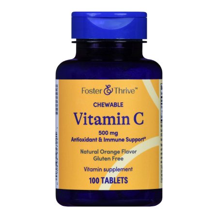 A blue bottle of Foster & Thrive Vitamin C Supplement, 500 mg, with a yellow label, offers immune support in natural orange flavor; it's gluten free and contains 100 chewable vitamin tablets.