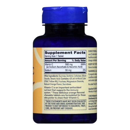 A blue plastic bottle of Foster & Thrive Vitamin C Supplement with a white label detailing 500 mg Vitamin C and 55 mg sodium per chewable tablet for immune support, plus ingredients and usage info. Brand: Foster & Thrive.