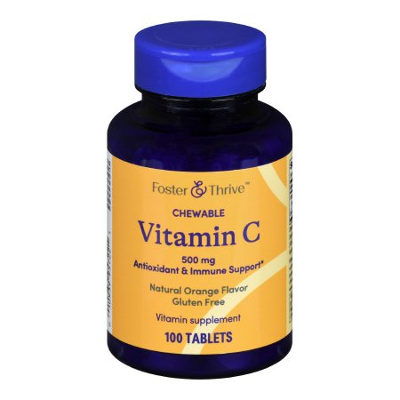 A blue bottle of Foster & Thrive Vitamin C Supplement features a vibrant orange label for antioxidant and immune support. This gluten-free, chewable supplement provides 500 mg vitamin C per tablet, 100 tablets total, with a natural orange flavor.