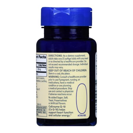 A blue bottle of Foster & Thrive Coenzyme Q-10 Vitamin Supplement with a blue cap. The back label shows directions, warnings, and supplement facts on beige, plus a barcode and pill size guide. Coenzyme Q-10 supports antioxidant protection and heart health.
