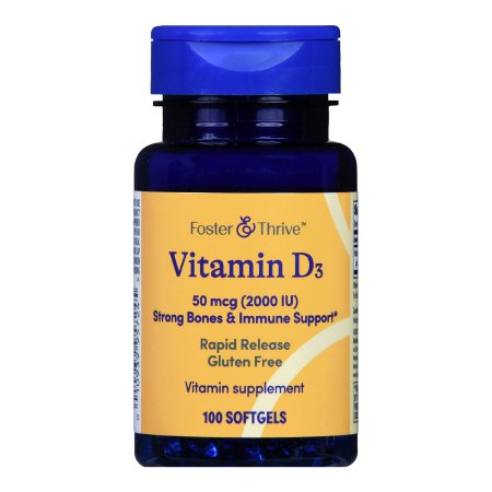 A blue bottle of Foster & Thrive Vitamin D3 Supplement (50 mcg/2000 IU) highlights bone health, immune support, rapid release, gluten free, and contains 100 softgels.