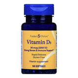 A blue bottle of Foster & Thrive Vitamin D3 Supplement (50 mcg/2000 IU) highlights bone health, immune support, rapid release, gluten free, and contains 100 softgels.