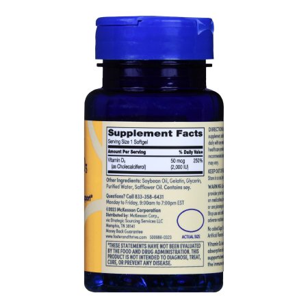 A blue bottle of Foster & Thrive Vitamin D3 Supplement with a blue cap features supplement facts on a white and yellow label, highlighting immune support and bone health benefits in black text.