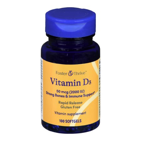 A dark blue bottle with a blue cap labeled Foster & Thrive Vitamin D3 Supplement, 50 mcg (2000 IU), for bone health & immune support, Rapid Release, Gluten Free, 100 Softgels by Foster & Thrive.