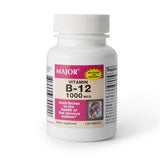 A white bottle of Major Vitamin B12 Supplement (Major brand), containing 130 tablets of 1000 mcg each, supports nerve health and energy production. It features a pink and white label with supplement facts visible on the side.