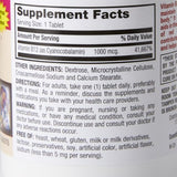 Close-up of the Major Vitamin B12 Supplement label by Major, showing 1000 mcg per tablet for nerve health and energy support. The label lists other ingredients, warnings, and states it's free of yeast, wheat, gluten, milk, and preservatives.