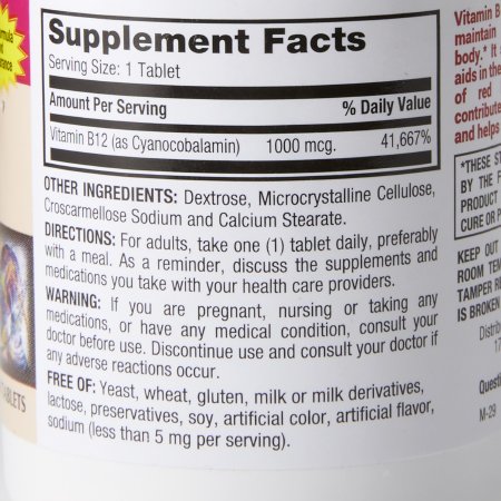 Close-up of the Major Vitamin B12 Supplement label by Major, showing 1000 mcg per tablet for nerve health and energy support. The label lists other ingredients, warnings, and states it's free of yeast, wheat, gluten, milk, and preservatives.