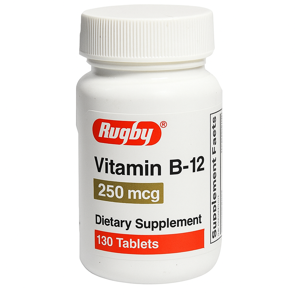 Rugby Vitamin B12 Supplement by Rugby provides convenient Vitamin B12 tablets to support nervous system health and energy metabolism. The bottle contains 130 tablets, each with 250 mcg of B12, and features a white cap with a vertical label.