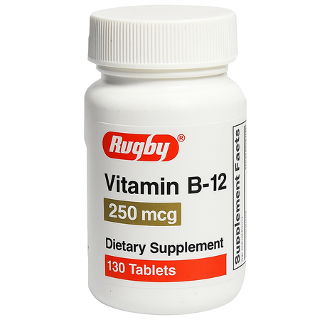 Rugby Vitamin B12 Supplement by Rugby provides convenient Vitamin B12 tablets to support nervous system health and energy metabolism. The bottle contains 130 tablets, each with 250 mcg of B12, and features a white cap with a vertical label.