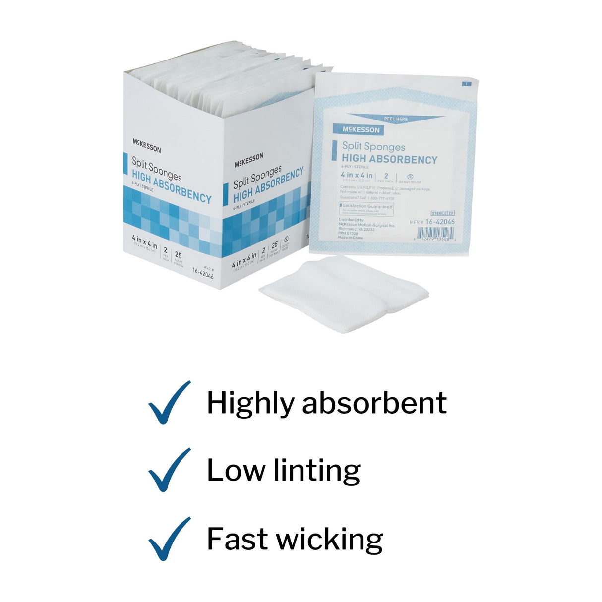 McKesson IV/Drain Split Dressing, 4 x 4 Inch, Six Ply
