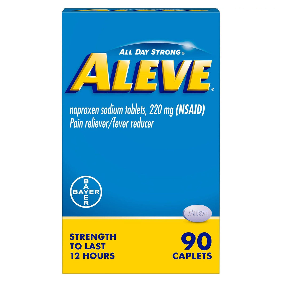 Aleve Naproxen Sodium Pain Reliever, box front of 90 caplets