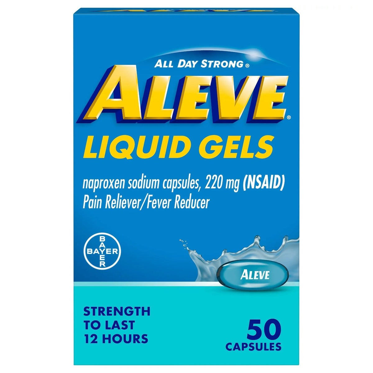 Aleve Liquid Gels Naproxen Sodium 220 mg, box front of 50 count