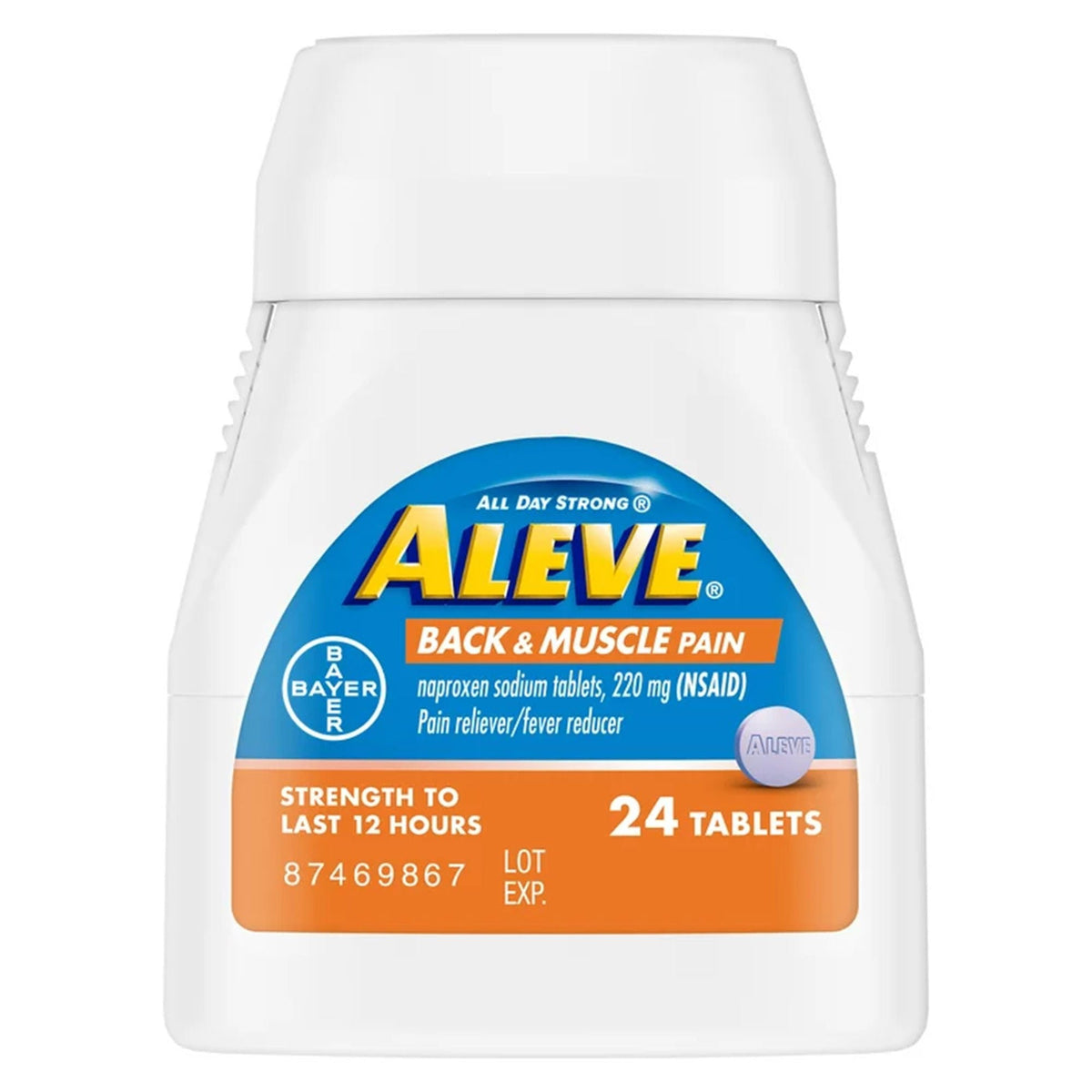 Aleve Naproxen Sodium Pain Relief, Back and Muscle bottle front