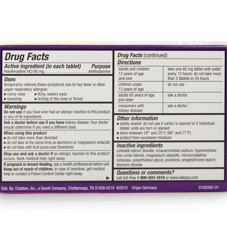 Allegra Adult 12-Hour Allergy Relief Tablets, Fexofenadine HCl 60 mg, Non-Drowsy - 41167413102-Box - LL Medico