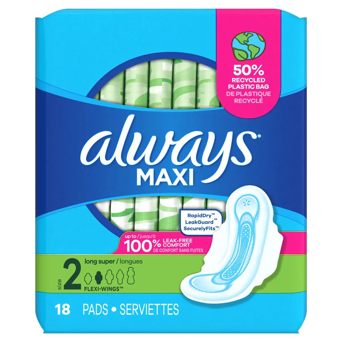 Always Maxi Size 2 Long Super Pads With Wings, Unscented - 03077203368-Pack - LL Medico