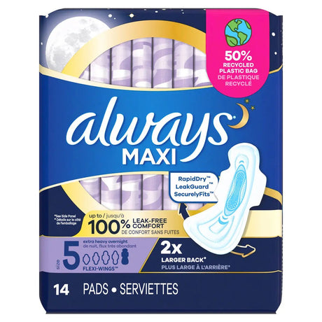 Always Maxi Size 5 Extra Heavy Overnight Pads with Wings, Unscented - 03700017902-Pack - LL Medico