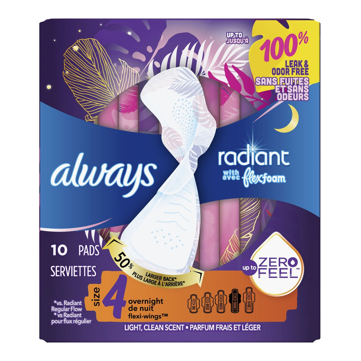 Always Radiant Overnight Pads, Size 4 - 03700081811-Box - LL Medico