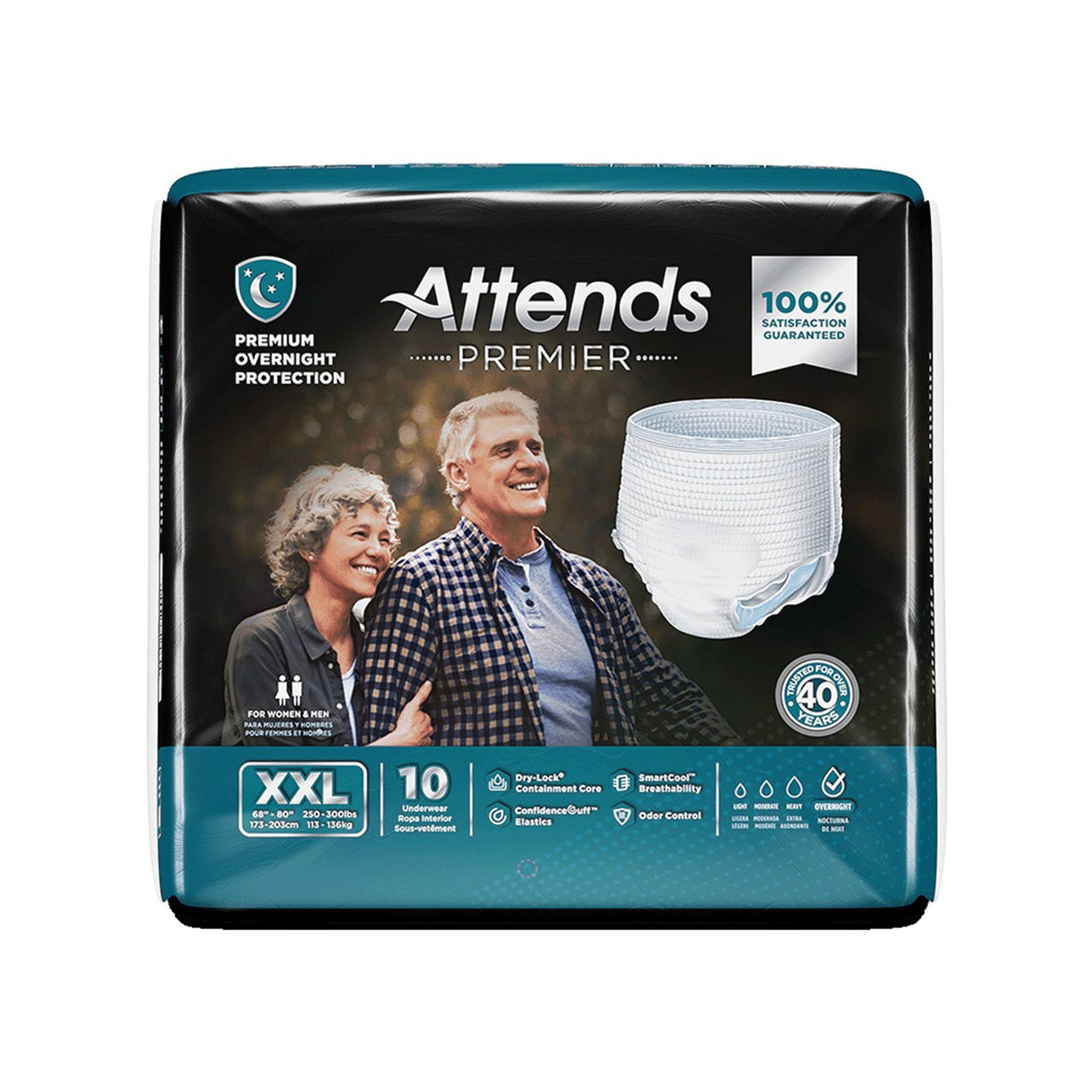 Attends Premier Pull-Up Absorbent Underwear by Attends, XXL, 10-count, offers heavy incontinence and overnight protection with a 100% satisfaction guarantee; package features a smiling older couple and product image.