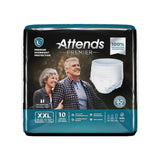 Attends Premier Pull-Up Absorbent Underwear by Attends, XXL, 10-count, offers heavy incontinence and overnight protection with a 100% satisfaction guarantee; package features a smiling older couple and product image.