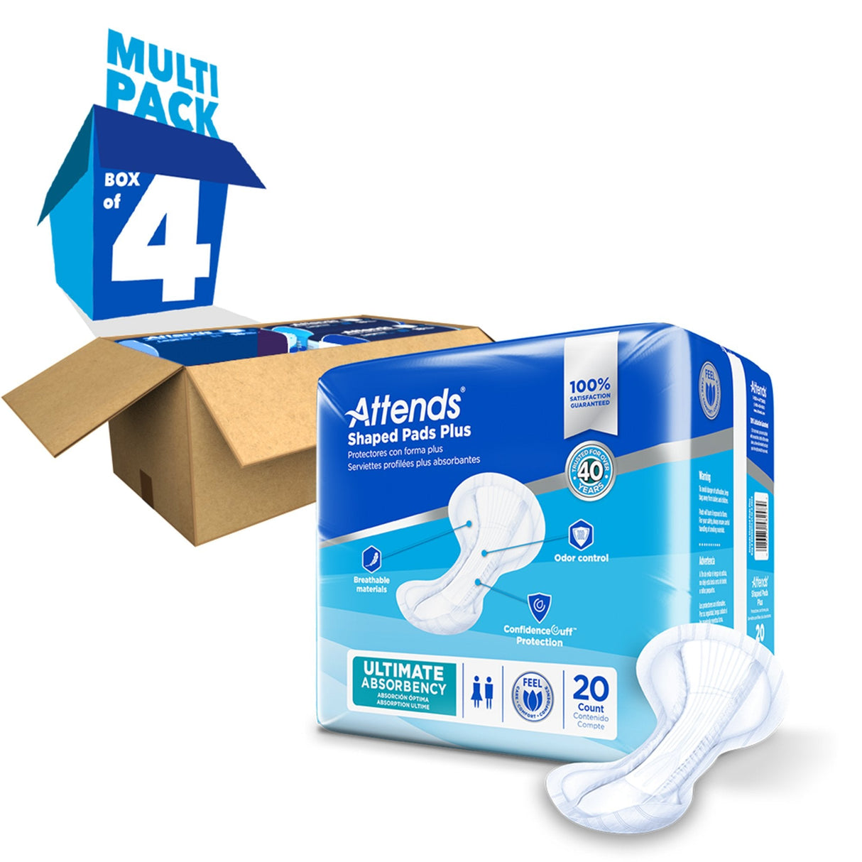 Attends Shaped Pads Plus, Ultimate Absorbency - SPDPA-Case - LL Medico