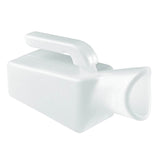 The Carex Female Urinal by Carex is a white plastic portable urinal with a top handle and wide spout, designed for convenient use.