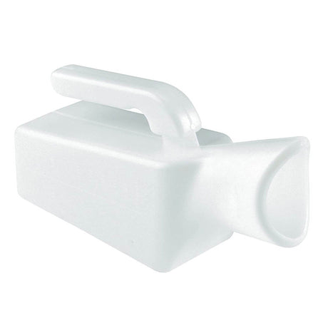 The Carex Female Urinal by Carex is a white plastic portable urinal with a top handle and wide spout, designed for convenient use.