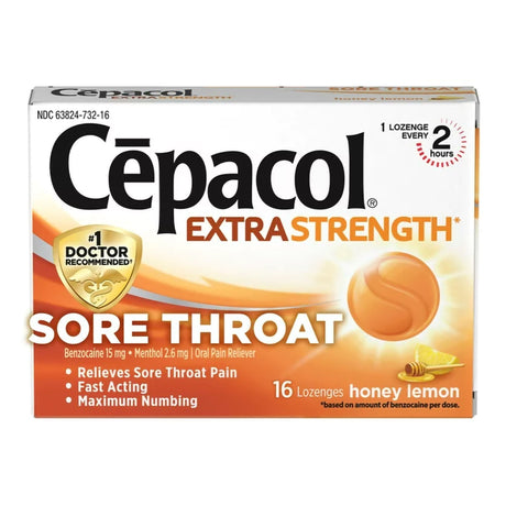 Cepacol Extra Strength Sore Throat Relief Lozenges, Benzocaine 15 mg / Menthol 2.6 mg - 63824073216-Box - LL Medico