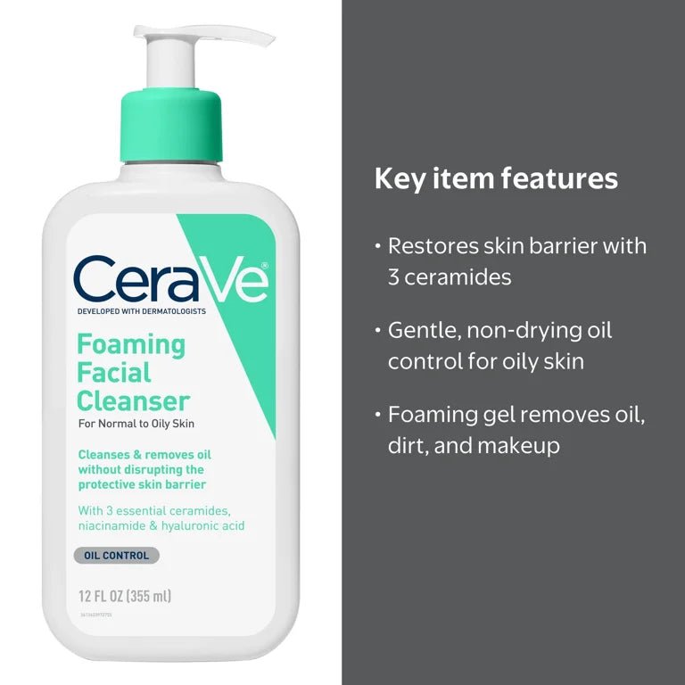 CeraVe Foaming Facial Cleanser for Normal to Oily Skin, 12-ounce Pump Bottle - 60600053775-Single - LL Medico