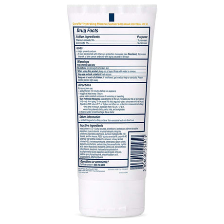 CeraVe Hydrating Mineral Sunscreen Body SPF 50, 5-ounce Tube - 60600051491-Single - LL Medico
