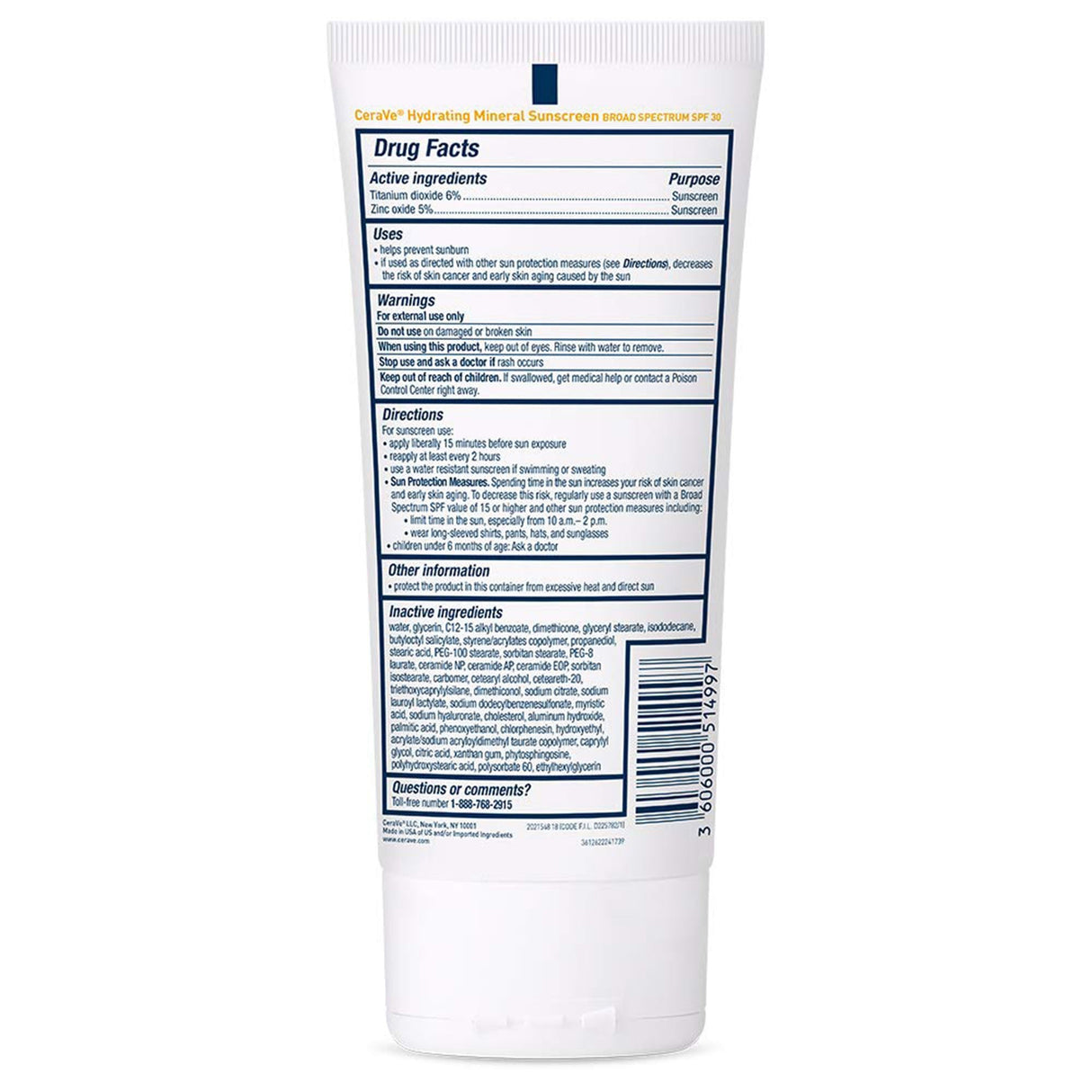 CeraVe Hydrating Mineral Sunscreen for Body SPF 30, 5-ounce Tube - 60600051499-Single - LL Medico