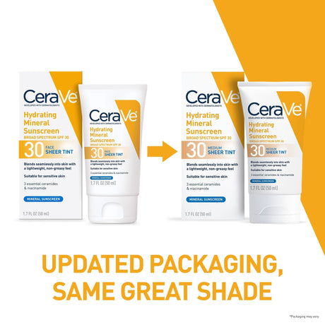 CeraVe Hydrating Mineral Sunscreen Medium Sheer Tint SPF 30 Lotion, Unscented, 1.7 fl oz - 60600051231-Single - LL Medico