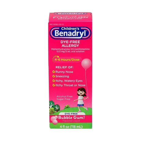 Children's Benadryl Allergy Relief Liquid, Diphenhydramine HCl 12.5 mg, Bubble Gum - 50580053501-Single - LL Medico