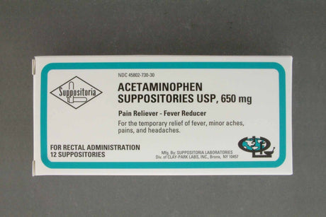 Clay Park Laboratories Acetaminophen Pain Relief Rectal Suppositories, 650 mg - 45802073030-Box - LL Medico