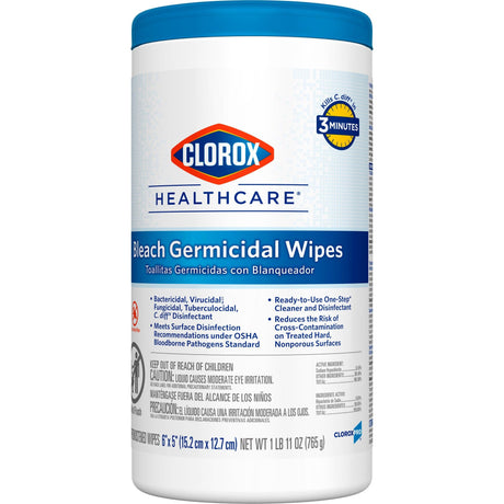 Clorox Healthcare Bleach Germicidal Wipes, Premoistened Surface Disinfectant Cleaner, Nonsterile, Canister - 30577-Single - LL Medico