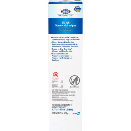 Clorox Healthcare Bleach Germicidal Wipes, Premoistened Surface Disinfectant, Individual Packets, Fruity Floral Bleach Scent, Nonsterile, 6.75" x 9" - 31424-Single - LL Medico