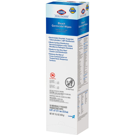 Clorox Healthcare Bleach Germicidal Wipes, Premoistened Surface Disinfectant, Individual Packets, Fruity Floral Bleach Scent, Nonsterile, 6.75" x 9" - 31424-Single - LL Medico