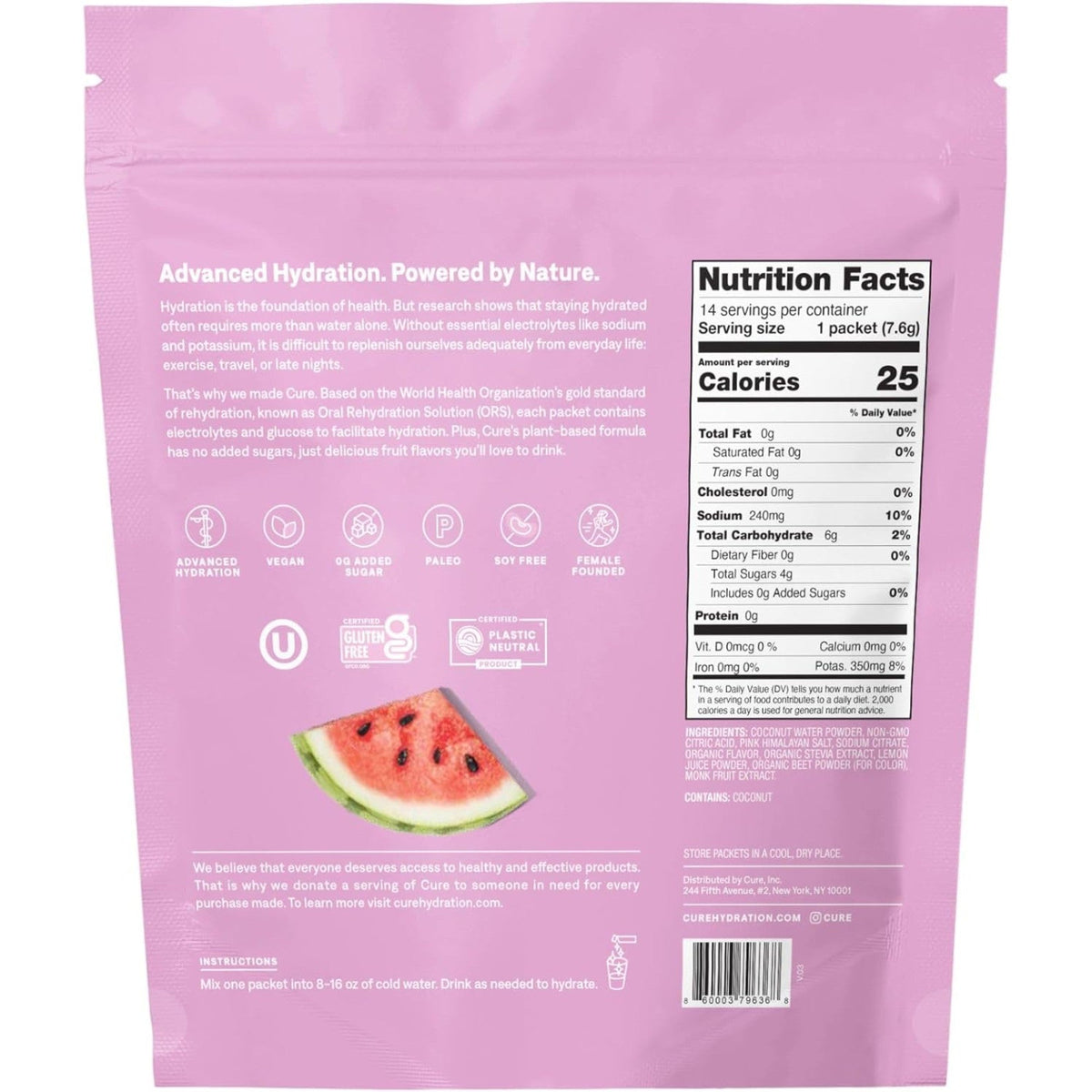 Cure Hydration Electrolyte Drink Mix, Watermelon, 7.6 oz - HM7005-Single - LL Medico