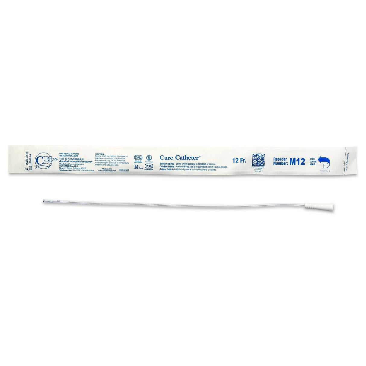 Cure Straight Tip Uncoated PVC Urethral Catheter, Male - M12-Box - LL Medico