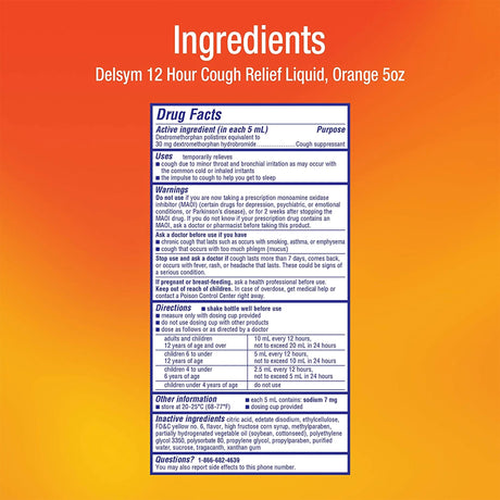 Delsym 12 Hour Cough Relief Liquid, Orange Flavor, 5 fl oz - 63824017565 - LL Medico