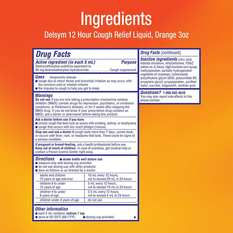 Delsym Extended - Release 12 Hour Cough Relief Liquid, Orange, 3 fl oz - 63824017563 - LL Medico