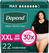Depend Fresh Protection Underwear for Women, Maximum by Depend, size XXL (20W+), 22 count. This green pack offers maximum incontinence protection for women and features a woman in a black shirt and beige underwear on the front.