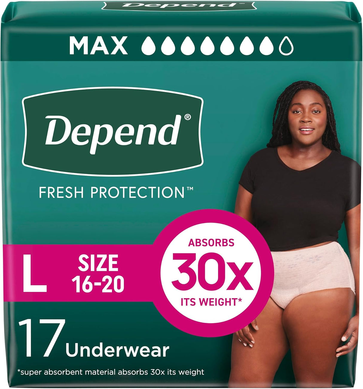 Depend Fresh Protection Underwear for Women, Maximum by Depend, size L (16-20), offers maximum incontinence protection with 17 pieces per pack and absorbs 30x its weight. Features a woman wearing the product on the package.