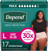 Depend Fresh Protection Underwear for Women, Maximum by Depend, size L (16-20), offers maximum incontinence protection with 17 pieces per pack and absorbs 30x its weight. Features a woman wearing the product on the package.