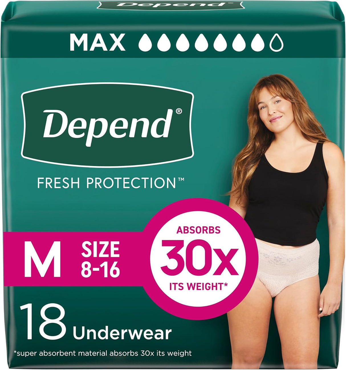 Depend Fresh Protection Underwear for Women, Maximum (size M, 8-16), by Depend. Package contains 18 maximum absorbency underwear and highlights “absorbs 30x its weight,” with a woman in a black tank top and beige underwear on the front.