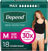 Depend Fresh Protection Underwear for Women, Maximum (size M, 8-16), by Depend. Package contains 18 maximum absorbency underwear and highlights “absorbs 30x its weight,” with a woman in a black tank top and beige underwear on the front.