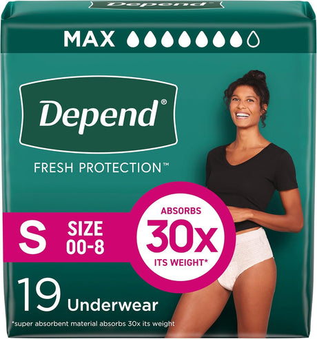 A smiling woman stands beside a package of Depend Fresh Protection Underwear for Women, Maximum absorbency (size S 00-8, 19 count), which absorbs 30x its weight, offering dependable incontinence protection. The background is green.