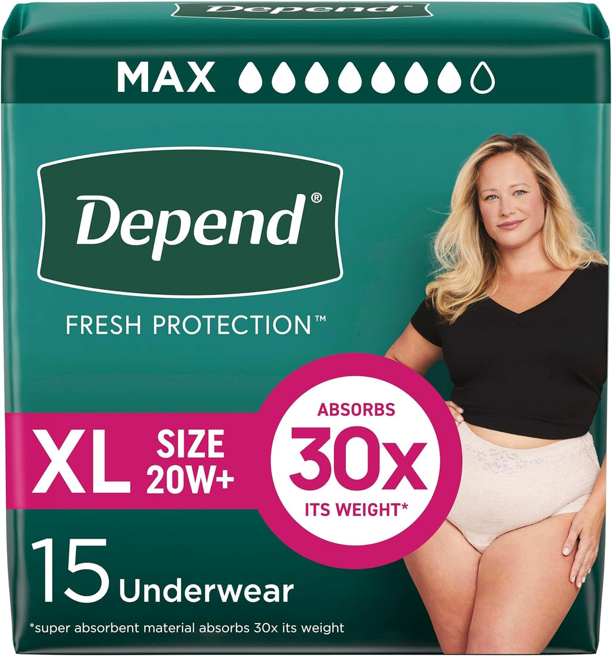 Depend Fresh Protection Underwear for Women, Maximum by Depend, size XL (20W+), absorbs up to 30x its weight and comes in a 15-count pack with a woman featured on the package for reliable incontinence protection.